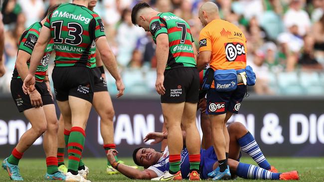 Bulldogs backrower Chris Patolo gets attention after a nasty head clash with teammate Josh Jackson. Picture: Cameron Spencer/Getty Images