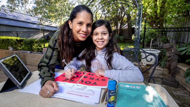 Stephanie Pesce and her daughter Isabella, 10, at their home in Rosanna, Melbourne. Isabella is very excited to be returning to school. Picture: David Geraghty