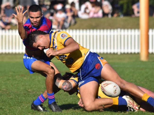 Kieren Mundine is stripped of possession by Kalolo Uele. Picture: Sean Teuma. Souths Juniors A-grade preliminary final Alexandria Rovers vs Coogee Dolphins at Mascot Oval, 1 September 2024.