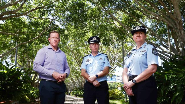 Youth Justice Taskforce Assistant Commissioner Cheryl Scanlon has visited Cairns to speak with local police on the progress being made against juvenile crime in Far North Queensland. Senior Executive Director from the Department of Children, Youth Justice and Multicultural Affairs Michael Drane, Acting Chief Superintendent Chris Hodgman and Youth Justice Taskforce Assistant Commissioner Cheryl Scanlon on the Cairns Esplanade last week. Picture: Brendan Radke