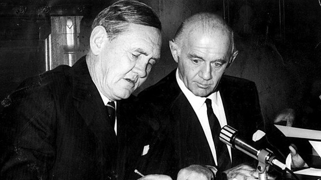 John Gorton (left) with his then Treasurer William McMahon at Premiers Conference, Canberra, on June 26, 1969. Picture: News Limited. Historical