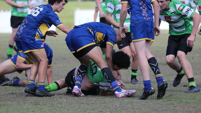 Action galleries of the junior rugby union grand finals, match played at Surfers Paradise Home Ground. Gold Coast Eagles Vs Currumbin Alligators under 16s division. Picture Mike Batterham
