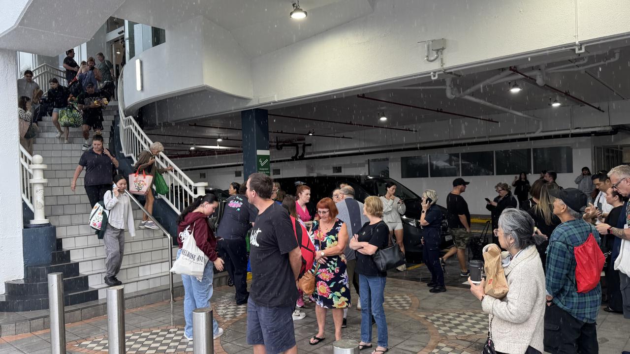 Hundred of shoppers are flooding into the streets Southport with a fire breaking out inside Australia Fair Shopping Centre. Picture: Andrew Potts