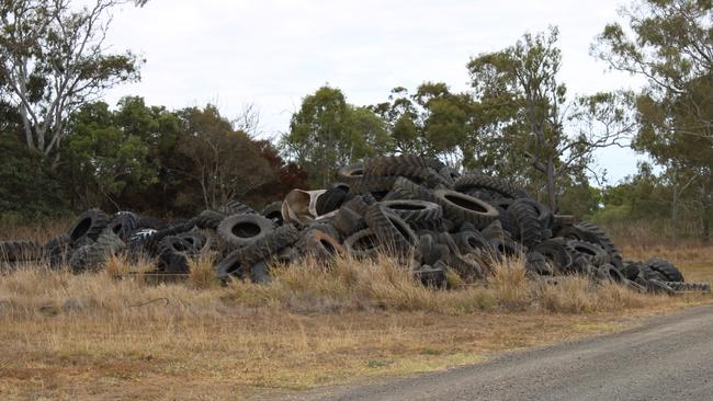 The 3m-high pile of tyres takes up a basketball-court sized footprint on the Bundaberg Sugar Fairymead property, which the company said had been built up over 