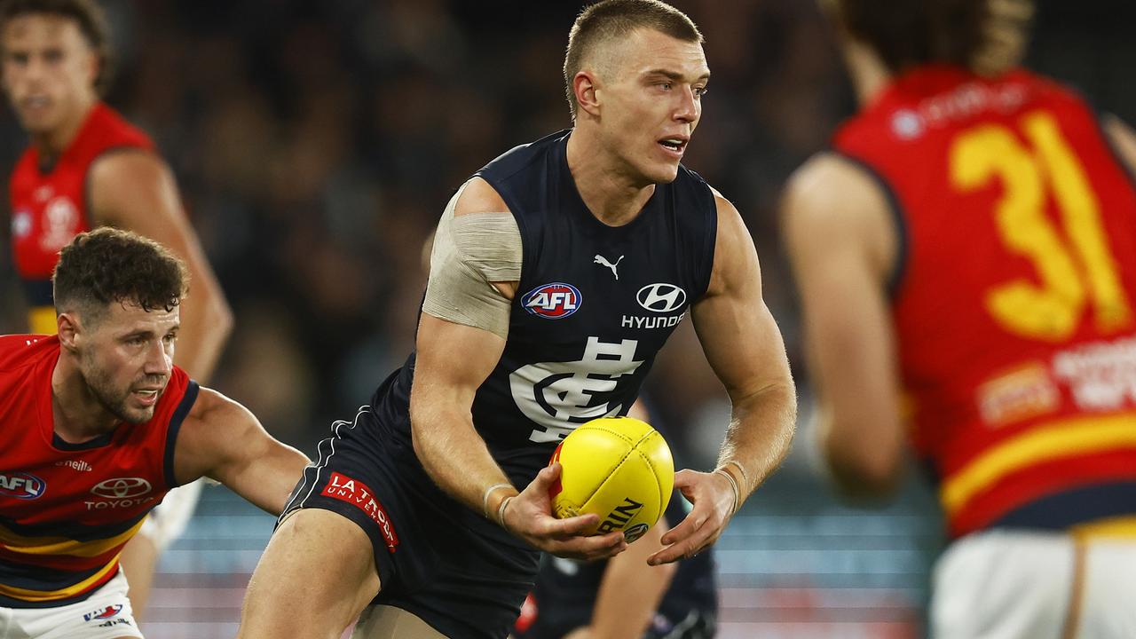 Patrick Cripps was at his absolute best agains the Adelaide Crows at Marvel Stadium. Picture: Daniel Pockett/Getty Images