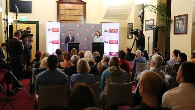 Dave Sharma and Allegra Spender during the Sky News Wentworth People’s Forum. Picture: Richard Dobson