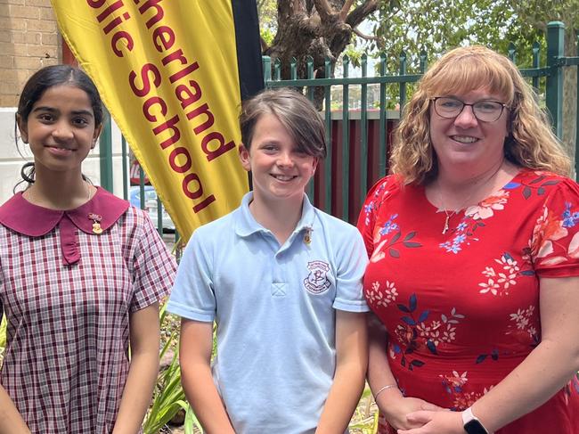 Sutherland Public School after being named one of the top-performing NAPLAN schools for Year 5 between 2017 and 2021. In picture Principal and captains Elsha Sabapathy, Caleb Day, Leah Woolley Principal