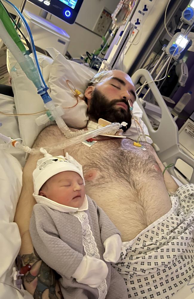 This heartbreaking last photo shows a new dad meeting his baby daughter for the first time in hospital just before he died. Picture: SWNS