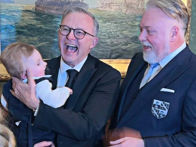 29/4/2023: Australian Prime Minister Anthony Albanese attends the wedding of Kyle Sandilands, pictured holding Kyle's son, Otto. Picture: Twitter