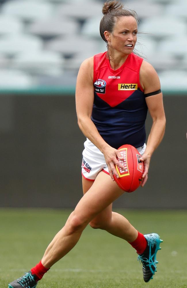 Daisy Pearce of the Demons in action during the 2021 AFLW practice match between the Geelong Cats and the Melbourne Demons at GMHBA Stadium. Picture: Getty