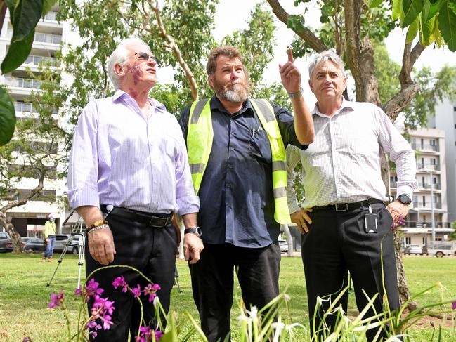 Lord Mayor Kon Vatskalis, Chris Bailey, Horticulturist, and Ron Grinsall, General Manager Engineering and City Services look over the species of plants to be planted as part of the City of Darwin's beautification project for Daly St worth $3.7 million.Picture: Che Chorley