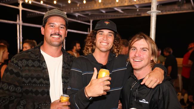 Cooper McKenzie, Toby Mossop and Jesse McMahon at the WSL Gold Coast Pro 2025 after party at Burleigh Pavilion for Gold Coast at Large. Picture, Portia Large.