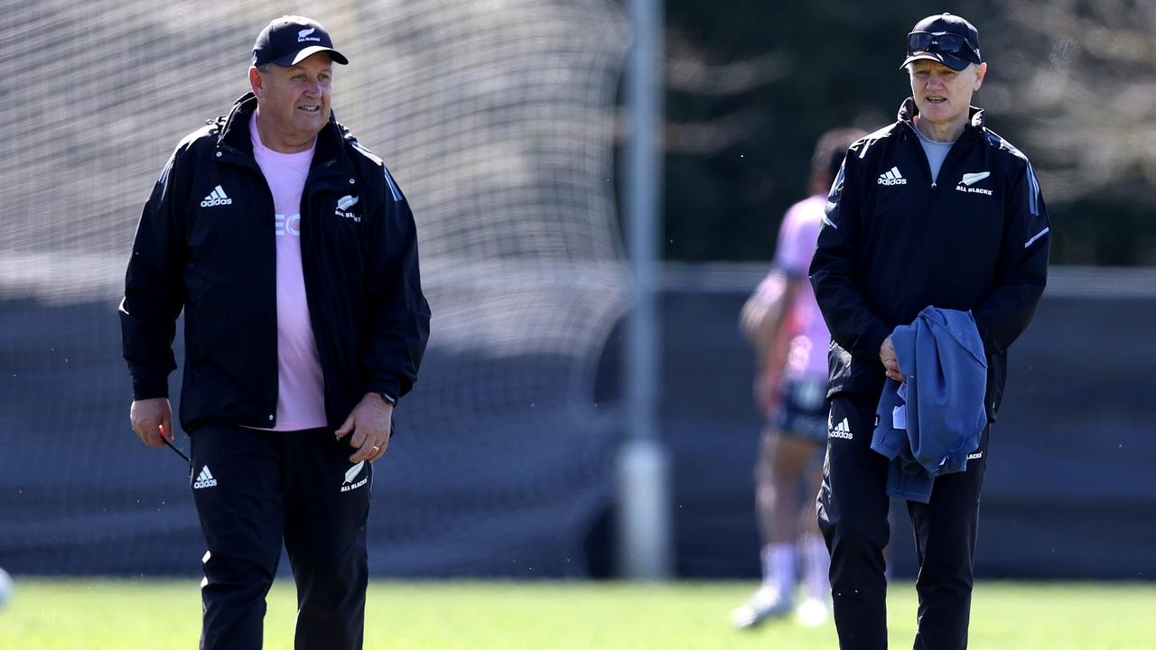 Joe Schmidt with All Blacks Coach Ian Foster. (Photo by Phil Walter/Getty Images)