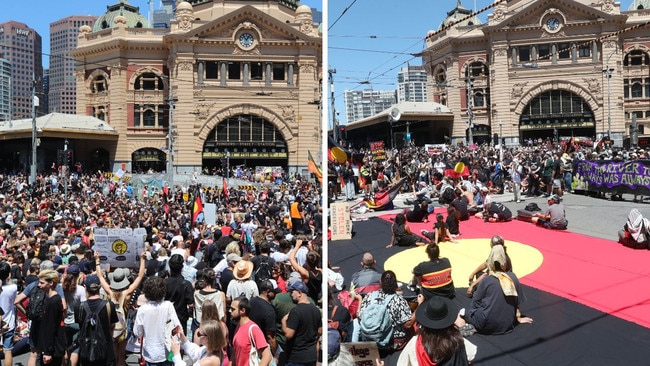 Protesters at a 2019 'Invasion Day' rally in Melbourne, left, and at the same location this year, right. Picture: Alex Coppel/David Crosling