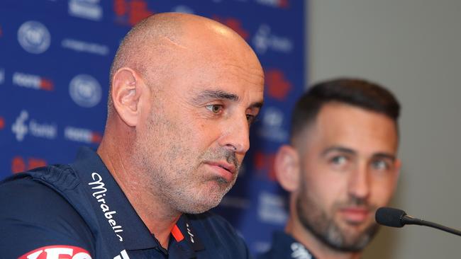 Carl Valeri (R) and Kevin Muscat (L) of Melbourne Victory talk to the media