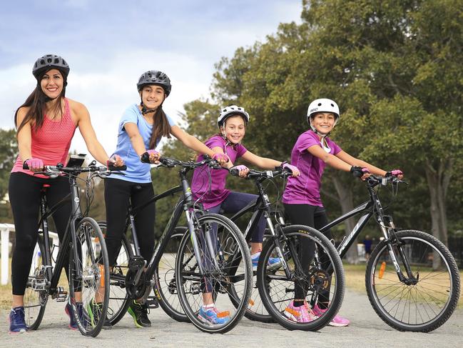 Annette Contantinitis with her daughter Mia Constantinitis, 10, niece Mia Contantinitis, 8, and daughter Natalie Contantinitis, 12, ahead of Spring Cycle family bike ride. Picture: Dylan Robinson