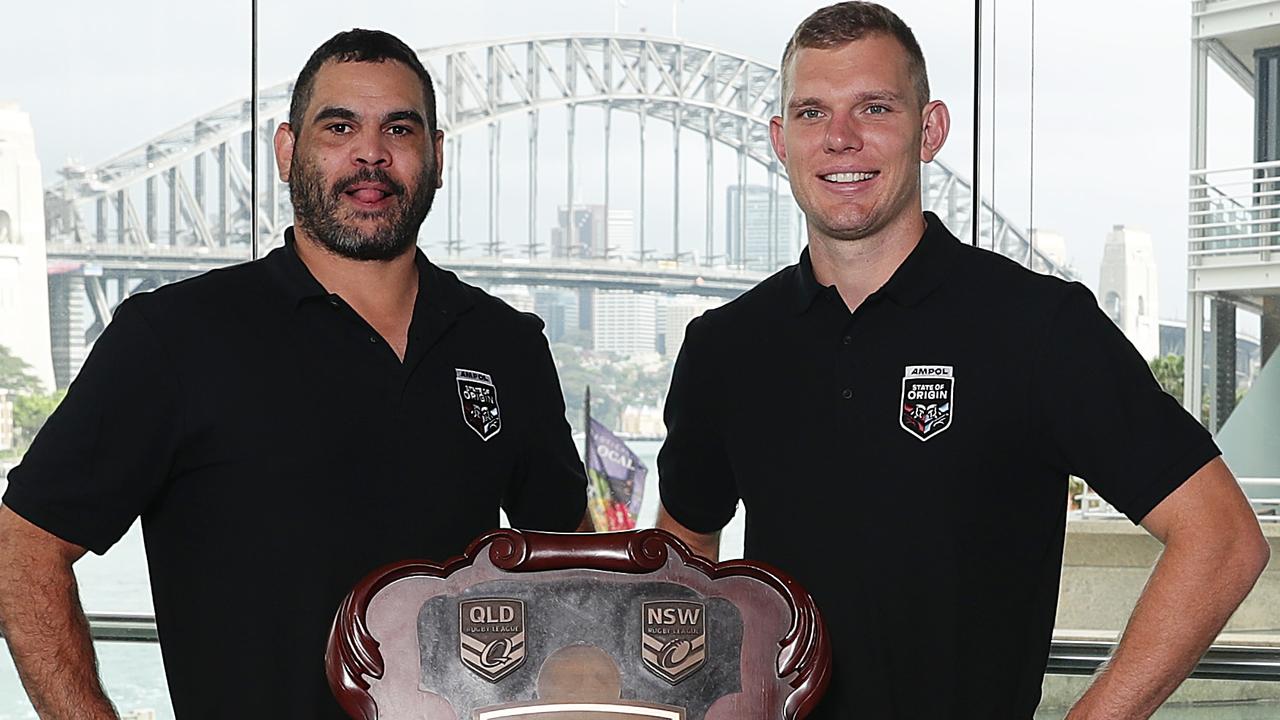 Greg Inglis and Tom Trbojevic with the State of Oigin trophy. Picture: Mark Metcalfe/Getty Images