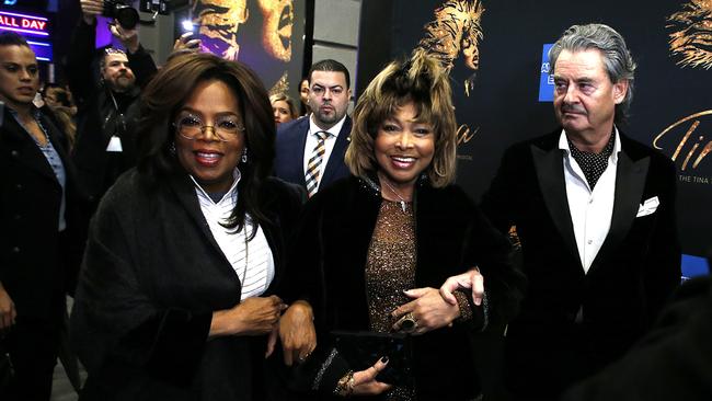 Erwin, here with Tina and Oprah at the 2019 Broadway debut of the musical about her life, has been Tina’s companion for almost 40 years. Picture: John Lamparski/Getty