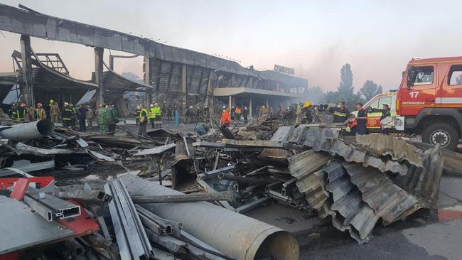 18 people have been killed and 36 are missing after a Russian missile strike on a shopping mall in the eastern Ukrainian city of Kremenchuk. Picture: Ukraine's State Emergency Service / AFP