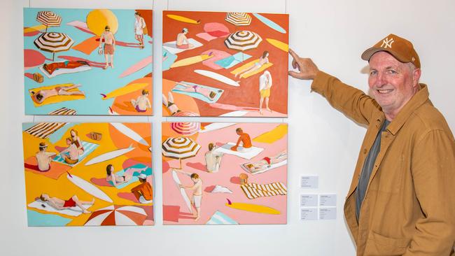 Mitchell English at the opening of his "Mirror Maze" solo exhibition at the Sydney Road Gallery at Balgowlah, on Saturday, with his work “Sunburnt Country”. Picture: Thomas Lisson