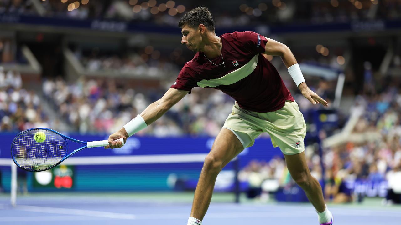 NEW YORK, NEW YORK - SEPTEMBER 01: Alexei Popyrin of Australia returns a shot against Frances Tiafoe of the United States during their Men's Singles Fourth Round match on Day Seven of the 2024 US Open at USTA Billie Jean King National Tennis Center on September 01, 2024 in the Flushing neighborhood of the Queens borough of New York City. (Photo by Matthew Stockman/Getty Images)