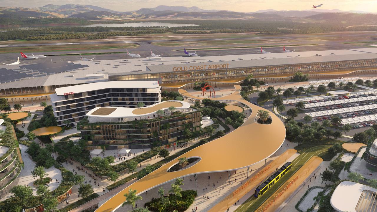 An artist impression from the Gold Coast Airport masterplan showing a light rail station near the terminal. Picture: Supplied