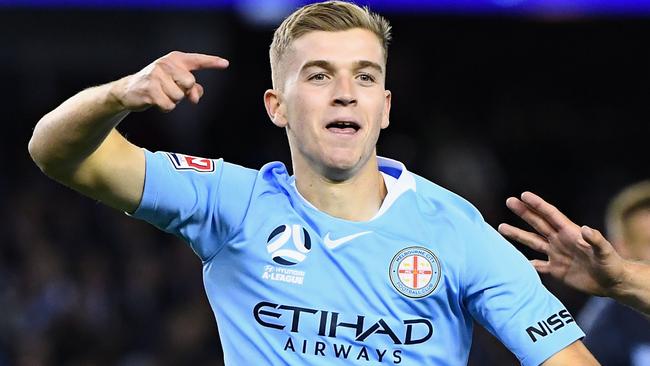 Riley McGree celebrates his goal for Melbourne City. Picture: Getty Images