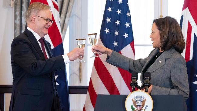 US Vice President Kamala Harris toasts Anthony Albanese during his recent visit to the States. Picture: AFP