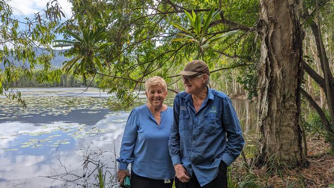 Councillor (Division 8) Rhonda Coghlan and Jabiru Volunteer Geoff McClure at the Cattana Wetlands Environmental Park