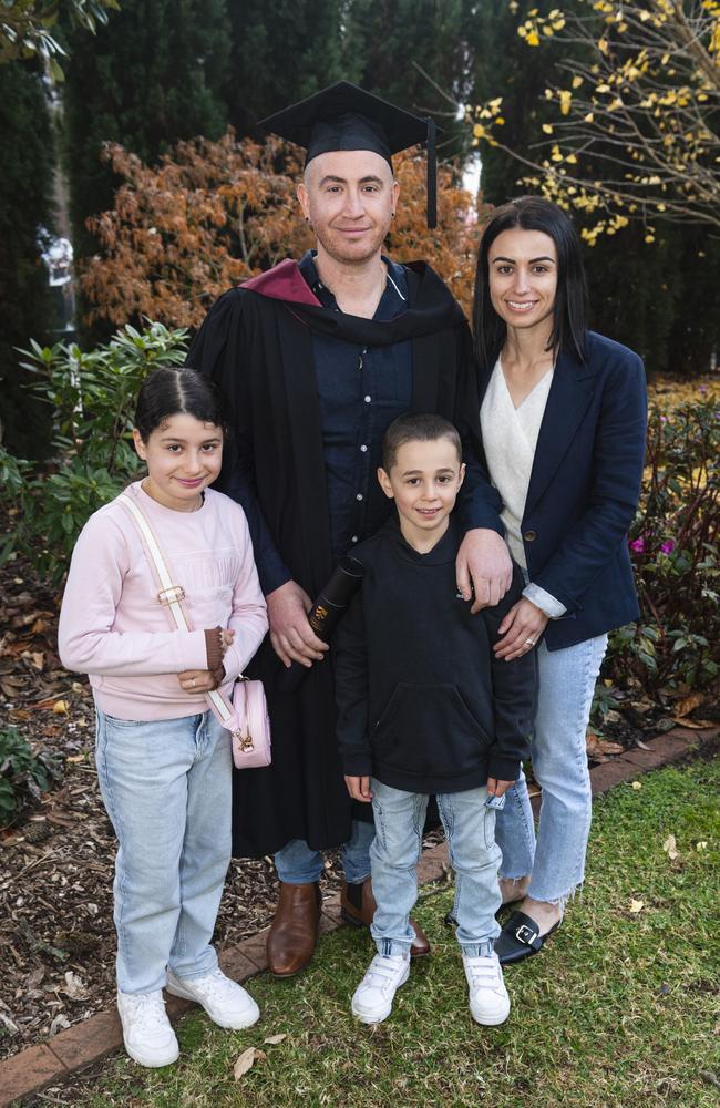 Bachelor of Engineering graduate Jason Carrozza with family (from left) Ziara, Isaac and Julianne Carrozza at a UniSQ graduation ceremony at The Empire, Tuesday, June 25, 2024. Picture: Kevin Farmer