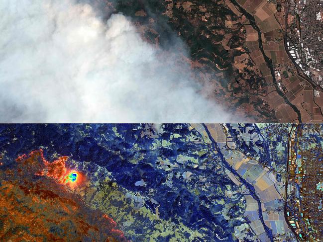 This combination of handout satellite images released by Maxar Technologies shows a large area covered in thick smoke from the LNU Lightning Complex Wildfire, California. Picture: AFP