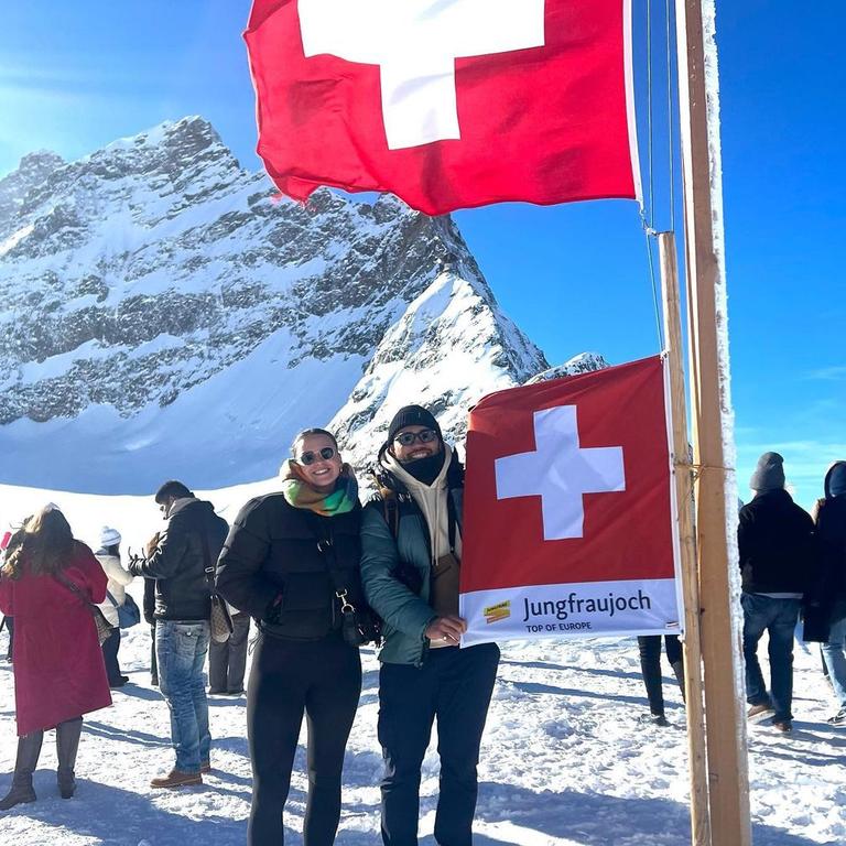 New Wests Tigers forward Isaiah Papali’I and his girlfriend, Elle Temu, in the Swiss Alps. Picture: Instagram