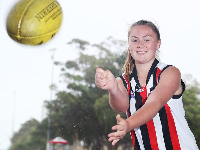 Laura Nolan poses for a photo on the 3nd of June, 2018 at Heffon Park. Laura Nolan has already played 100 games of AFL for the Maroubra Saints and has been picked for the first Sydney Swans girls academy team.  (AAP IMAGE/ Danny Aarons)