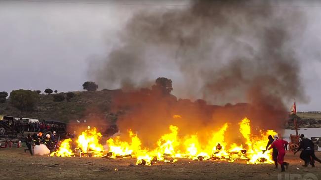 A record 20 men are set on fire during the epic scene.