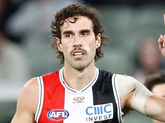 MELBOURNE, AUSTRALIA - MARCH 21: Max King of the Saints celebrates a goal during the 2024 AFL Round 02 match between the St Kilda Saints and the Collingwood Magpies at the Melbourne Cricket Ground on March 21, 2024 in Melbourne, Australia. (Photo by Michael Willson/AFL Photos via Getty Images)