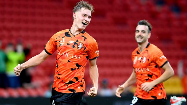 Thomas Waddingham of the Roar celebrates after scoring a goal during the A-League match between Brisbane Roar and Melbourne City at Suncorp Stadium. Photo credit: Bradley Kanaris