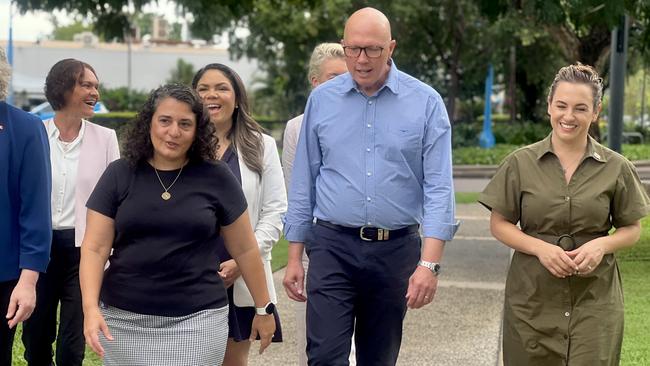 Opposition Leader Peter Dutton meets with Palmerston Mayor Athina Pascoe-Bell. The coalition has committed $368,000 from a revitalised Safer Communities Fund to fast-track public lighting upgrades in Palmerston, saying every Australian deserved to feel safe. Picture: Fia Walsh.