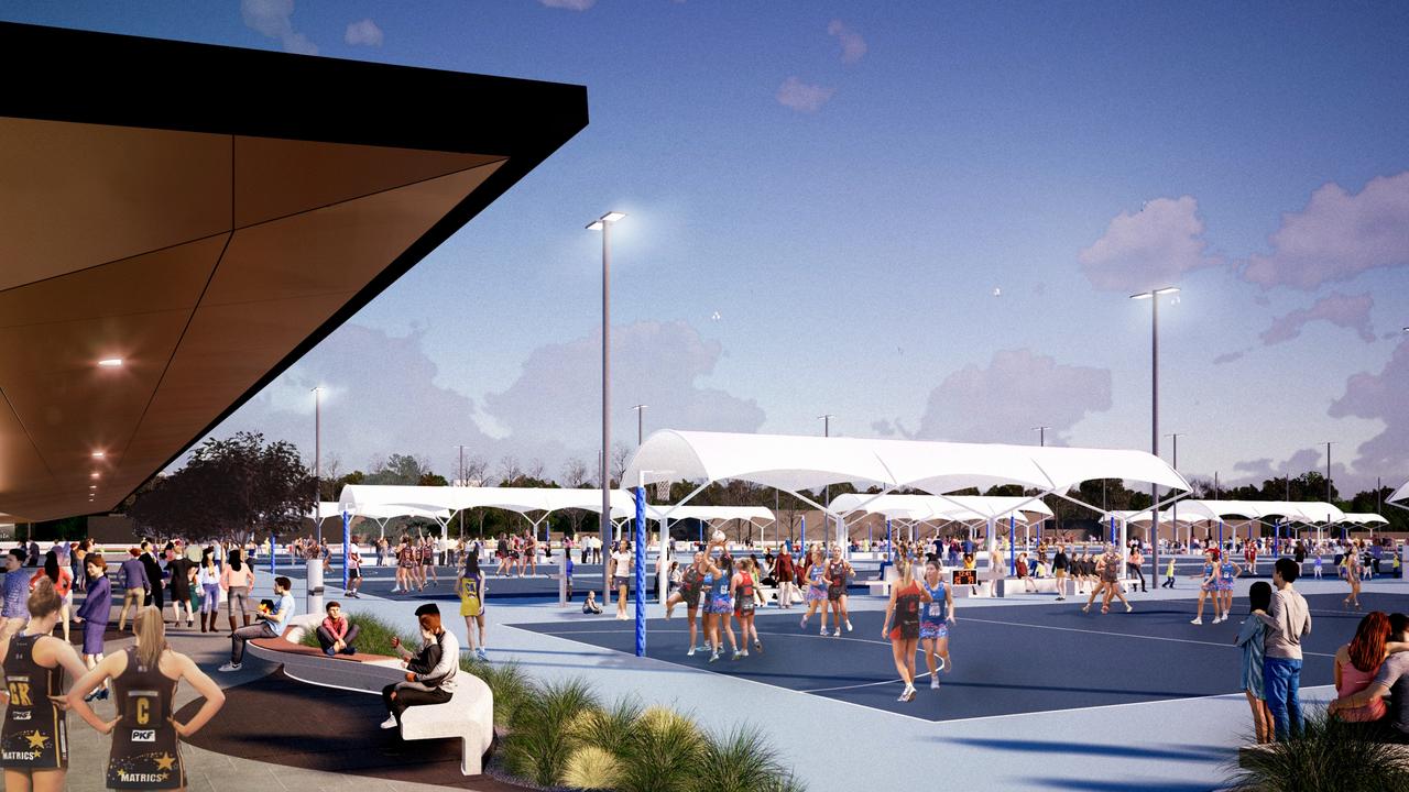 Artist Impression of the outdoor netball courts at Mile End that will be upgraded with better shelter, improved lighting and new playing surfaces Picture: Supplied