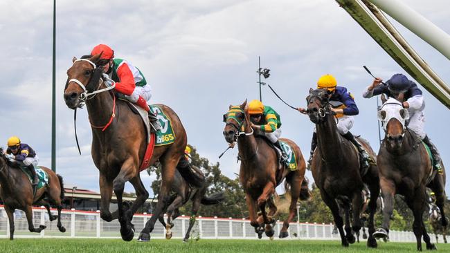 Pancho races to victory in the Kilmore Cup with Tavidance (white blinkers) desperately unlucky. Picture: Racing Photos