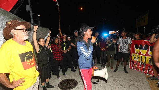 Protesters outside Cararra Stadium. Picture: Mike Batterham