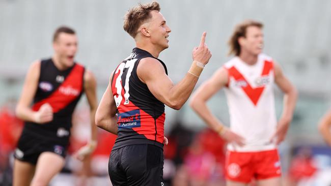 Dylan Clarke celebrates a goal for Essendon in 2021. Pic: Michael Klein