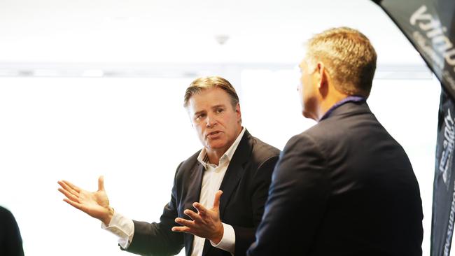 Brett Gosper CEO of World Rugby(L), and former Wallaby Bill Calcraft talk at The Manly Marlins season launch and team announcement. Picture: Braden Fastier