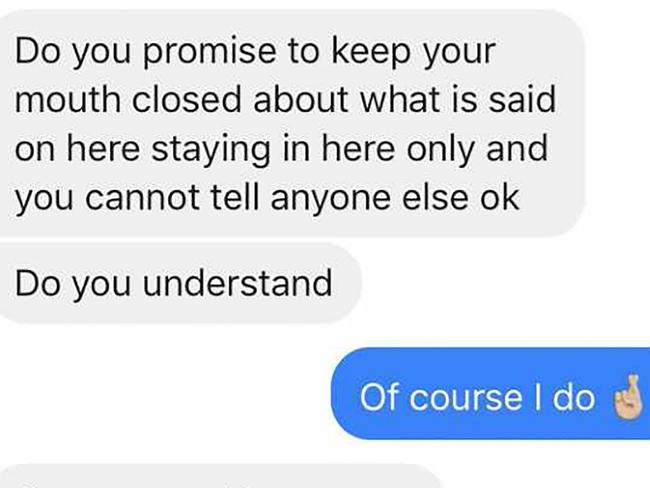 ONE TIME WEB USE ONLY - FEE APPLIES FOR REUSE -  PIC FROM MERCURY PRESS (PICTURED: SOME OF THE FACEBOOK MESSAGES KELLY CARBERRYS 13 YEAR OLD DAUGHTER WAS RECEIVING FROM AN ALLEGED PAEDOPHILE) A mum has revealed how she posed as her own 13-year-old daughter to catch out a suspected paedophile who was trying to lure her into his sick S&M games. Kelly Carberry, 34, had decided to check her daughters Facebook profile for the first time and was shocked when a message popped up saying do you promise to keep your mouth shut? Knowing something was not right, Kelly went along with the messages as if she was 13-year-old schoolgirl Chloe-Marie. SEE MERCURY COPY  Picture: Mercury Press/Caters News