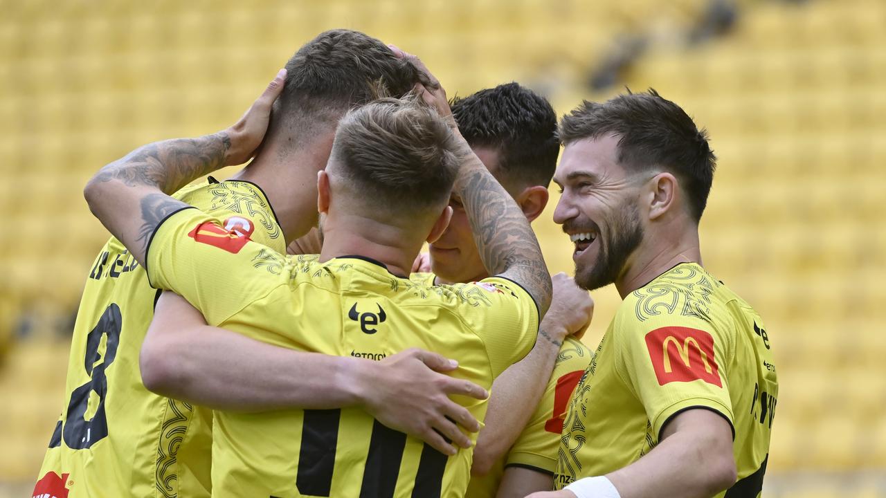 WELLINGTON, NEW ZEALAND - FEBRUARY 10: Timothy Payne of the Wellington Phoenix celebrates the teams first goal by Nicholas Pennington during the A-League Men round 16 match between Wellington Phoenix and Western United at Sky Stadium, on February 10, 2024, in Wellington, New Zealand. (Photo by Mark Tantrum/Getty Images)