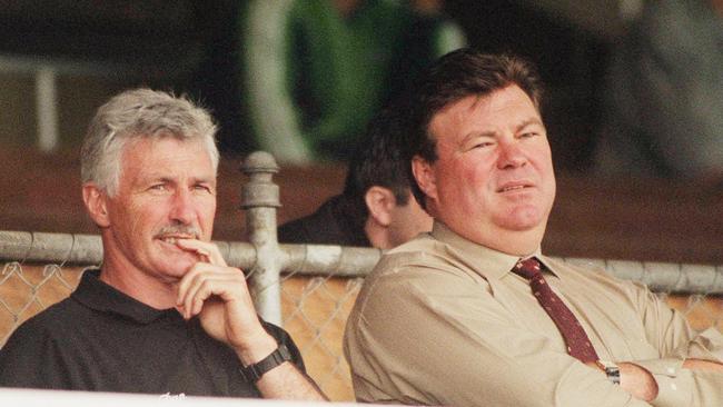 Mick Malthouse and Neil Balme keep a close watch on a Magpies intraclub game.