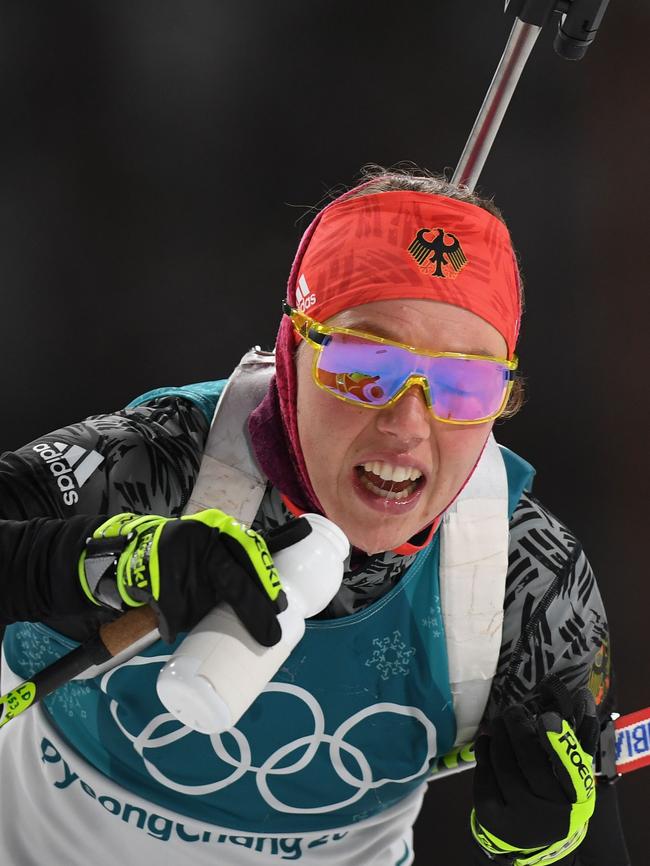 Germany's Laura Dahlmeier competes in the women's 12.5km mass start biathlon. Photo: AFP