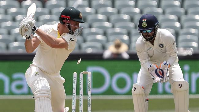 Shaun Marsh drags one back onto his stumps. Picture: AP