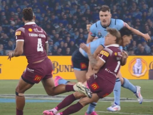 NSW's Joseph-Aukuso Suaalii was sent off for this high hit on Queensland's Reece Walsh. Picture: Fox Sports