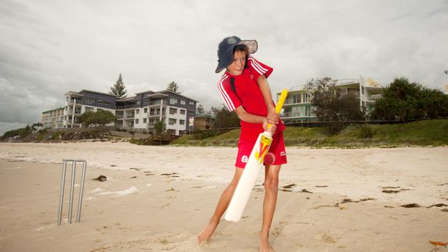 Ben Roden-Cohen, 9, enjoys a game of beach cricket at Kings Beach, Caloundra. Photo: Warren Lynam / Sunshine Coast Daily