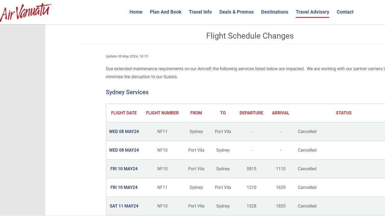 The cancelled services between Sydney, Brisbane, Auckland and the airline’s base in Port Vila are listed on its website.